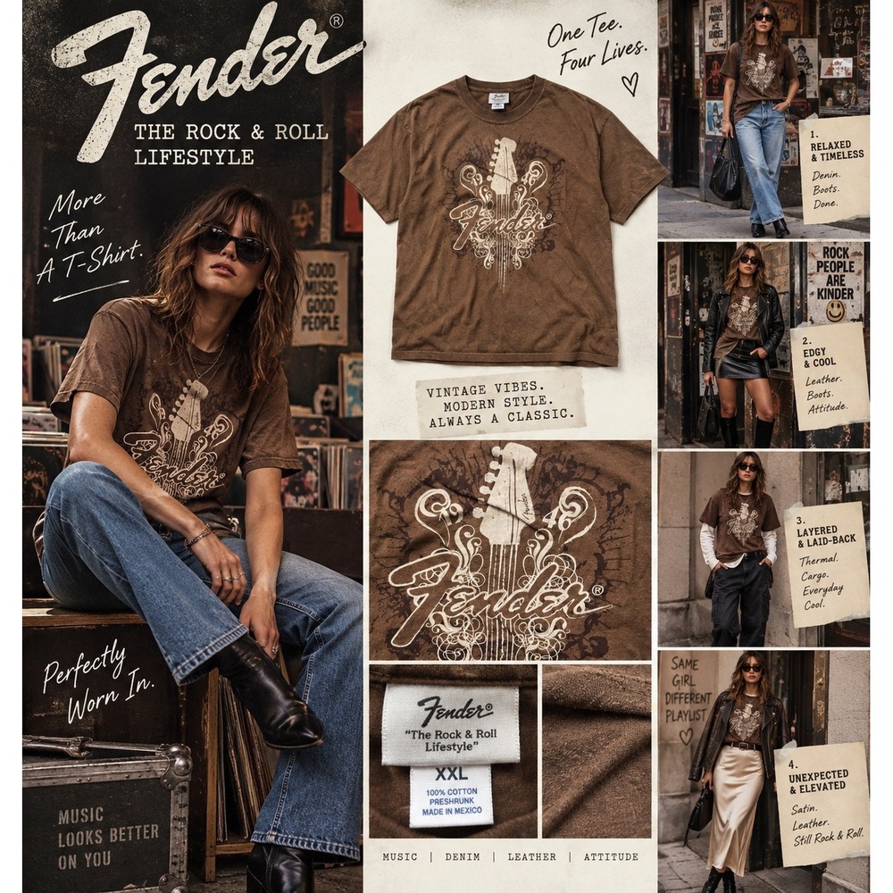 Fender Rock & Roll Lifestyle T Shirt XXL Brown Guitar Graphic Y2K Style Tee
